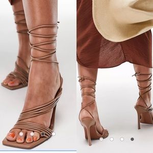 ASOS design wide fit Nest straps tie leg heeled sandals in beige